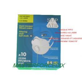Masque FFP2  x 10  anti-poussières et particules solides ou liquides avec soupape expiratoire.